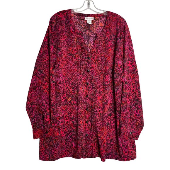 Catherines Floral Printed Button Front Tunic Womens 2X Red Pink Black Boho - Picture 1 of 8